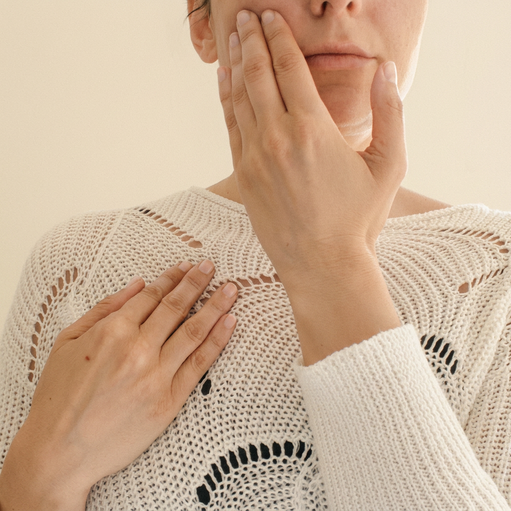 Fingerspitzen am Wangenknochen, andere Hand unter dem Schlüsselbein